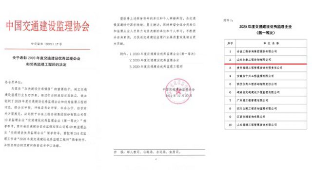 喜訊！公司獲批中國(guó)交通建設(shè)監(jiān)理協(xié)會(huì)第一等次優(yōu)秀監(jiān)理企業(yè)
